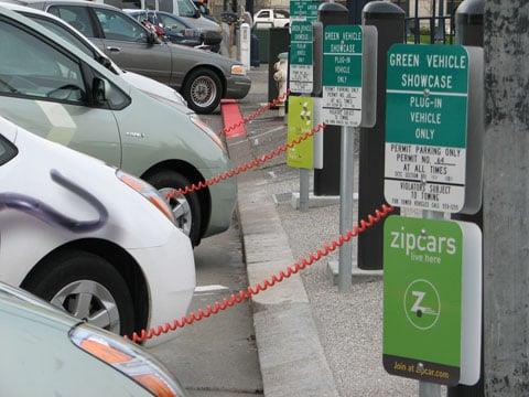 Three converted Prius Plug-In Hybrids charging at San Francisco