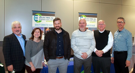 Left to right, Tim Green, Electrical Connection; Emily Martin, Aschinger Electric, Erik Lueders, director of sustainability and purchasing, Parkway School District, Frank Jacobs, IBEW Local 1; Jim Curran, Electrical Connection, Bob Kaemmerlen, president, Kaemmerlen Electric. 
